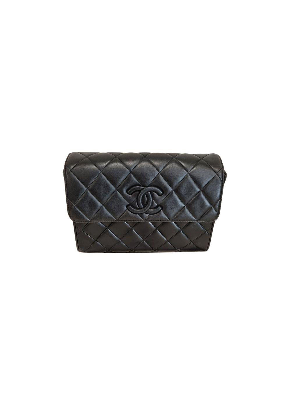 Vintage black leather quilted CC flap bag