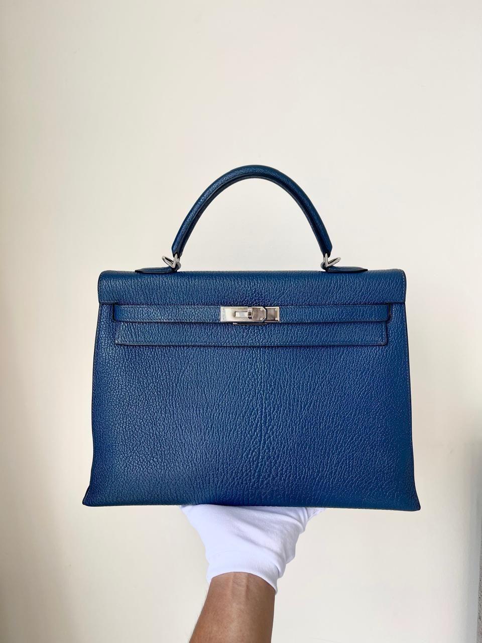 Hermes Blue De Malt Sellier Chevre 35 Kelly