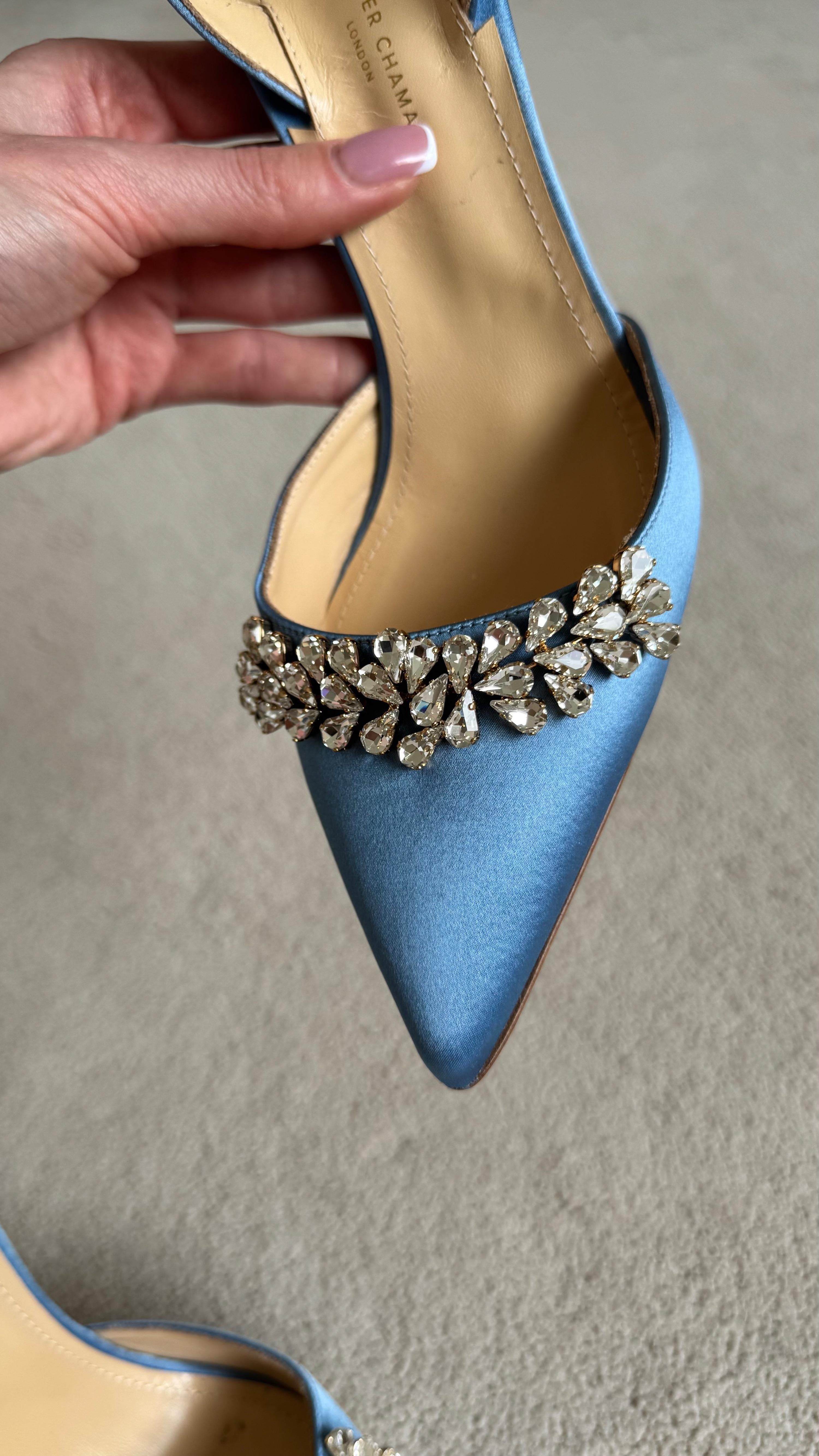 Jennifer Chamandi Embellished Light Blue Satin Slingback Sandals