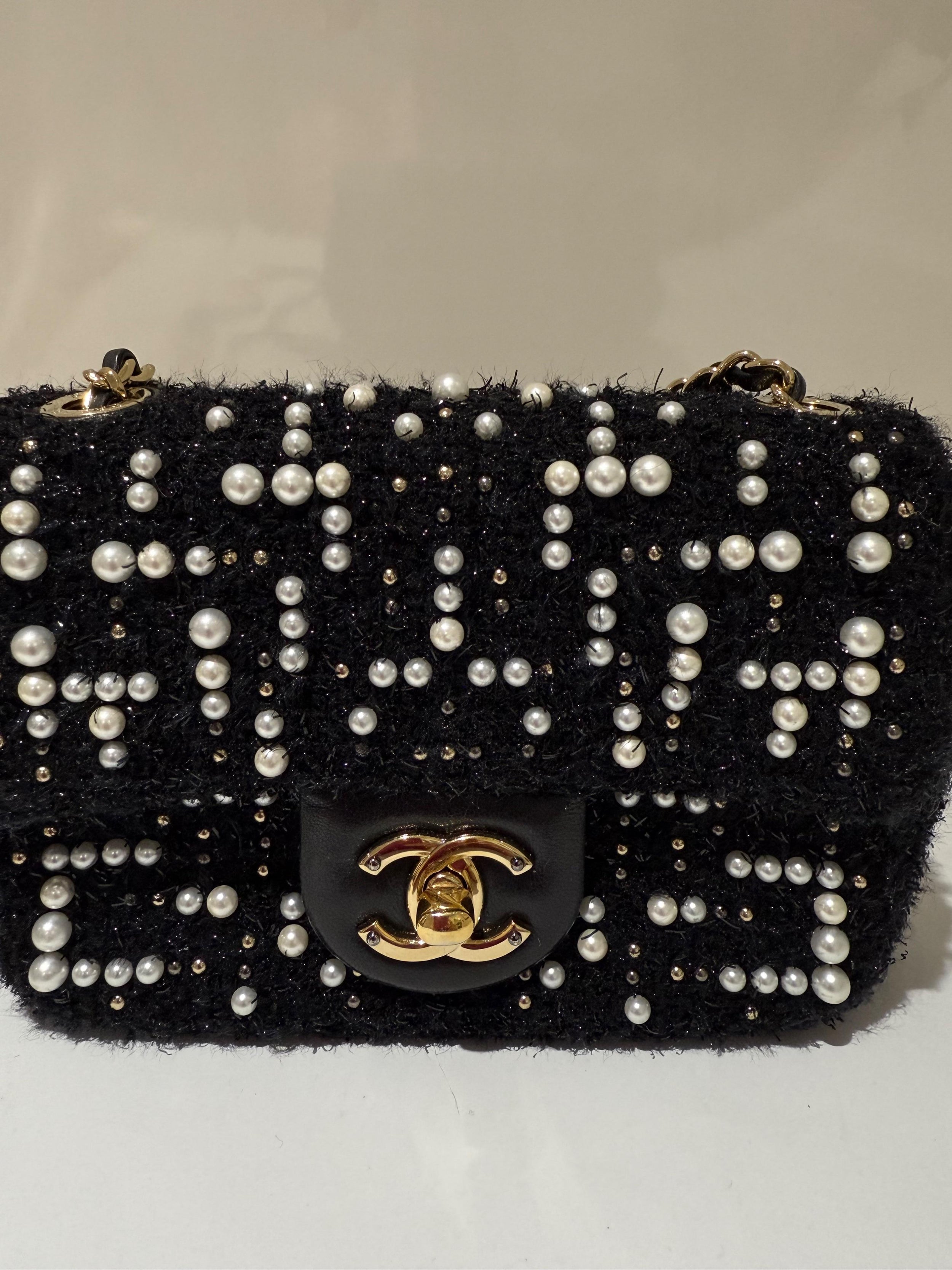 Chanel Black Tweed Cosmos Pearl Single Flap Bag