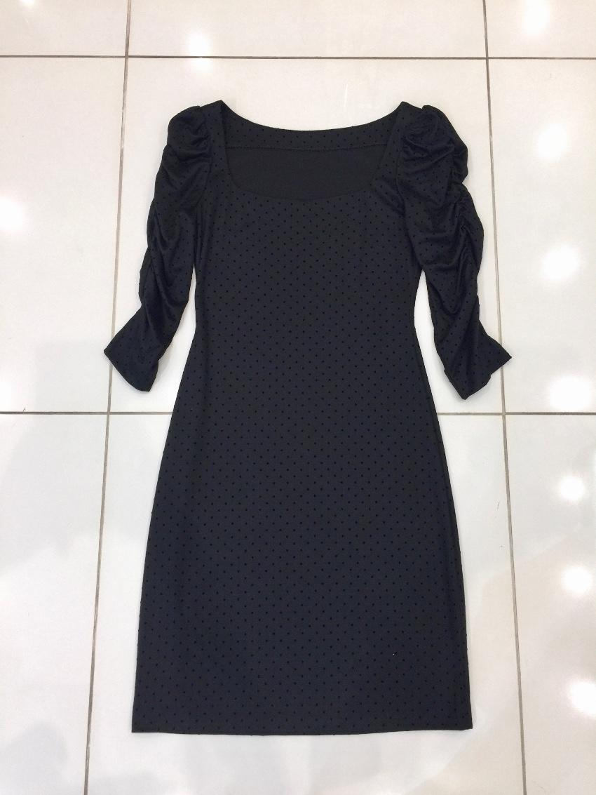 French Couture Black Jersey & Velvet Dot Square Neck Dress