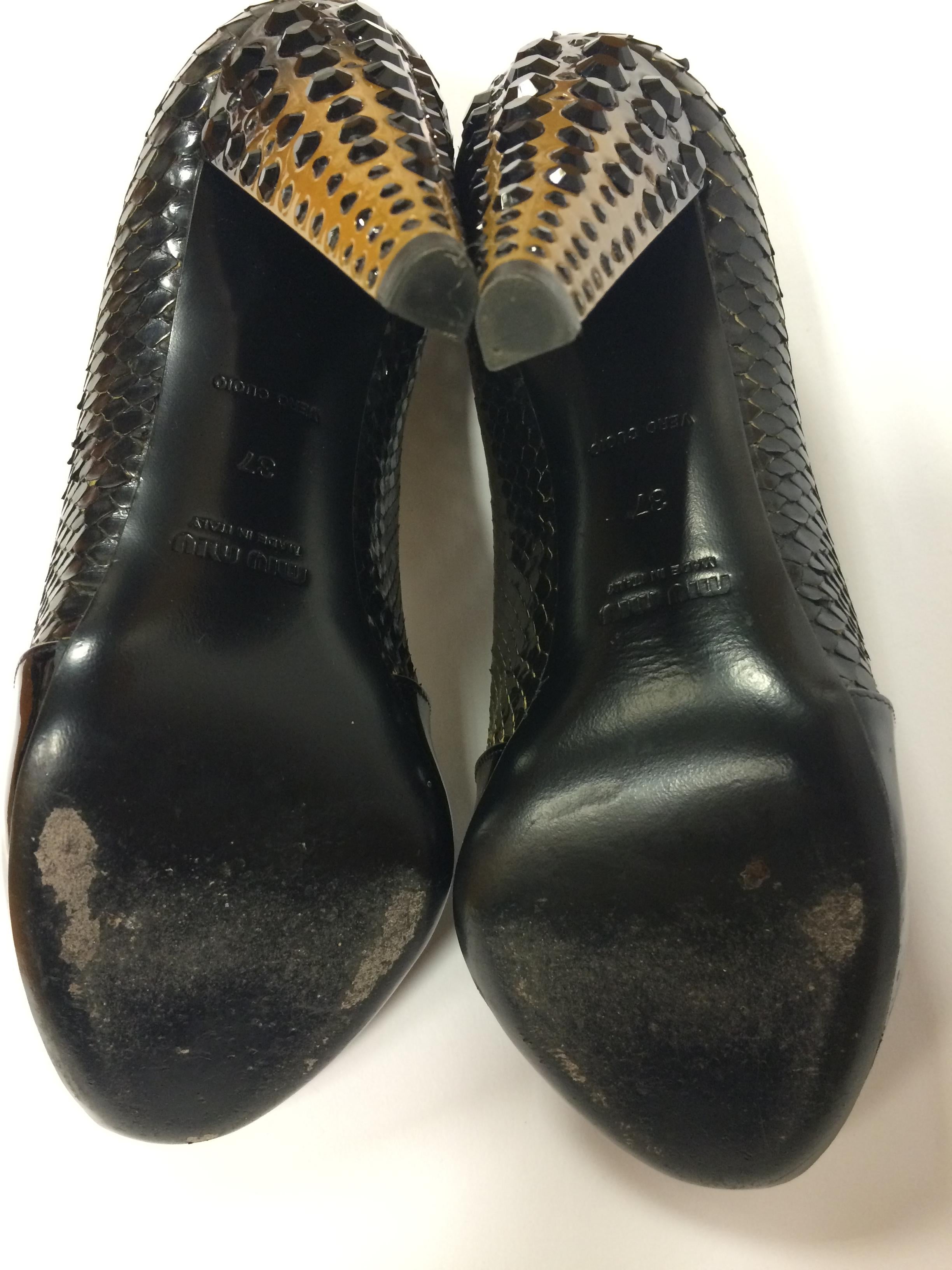 MIU MIU Black Python and Patent Leather Pumps with Swarovski Heels