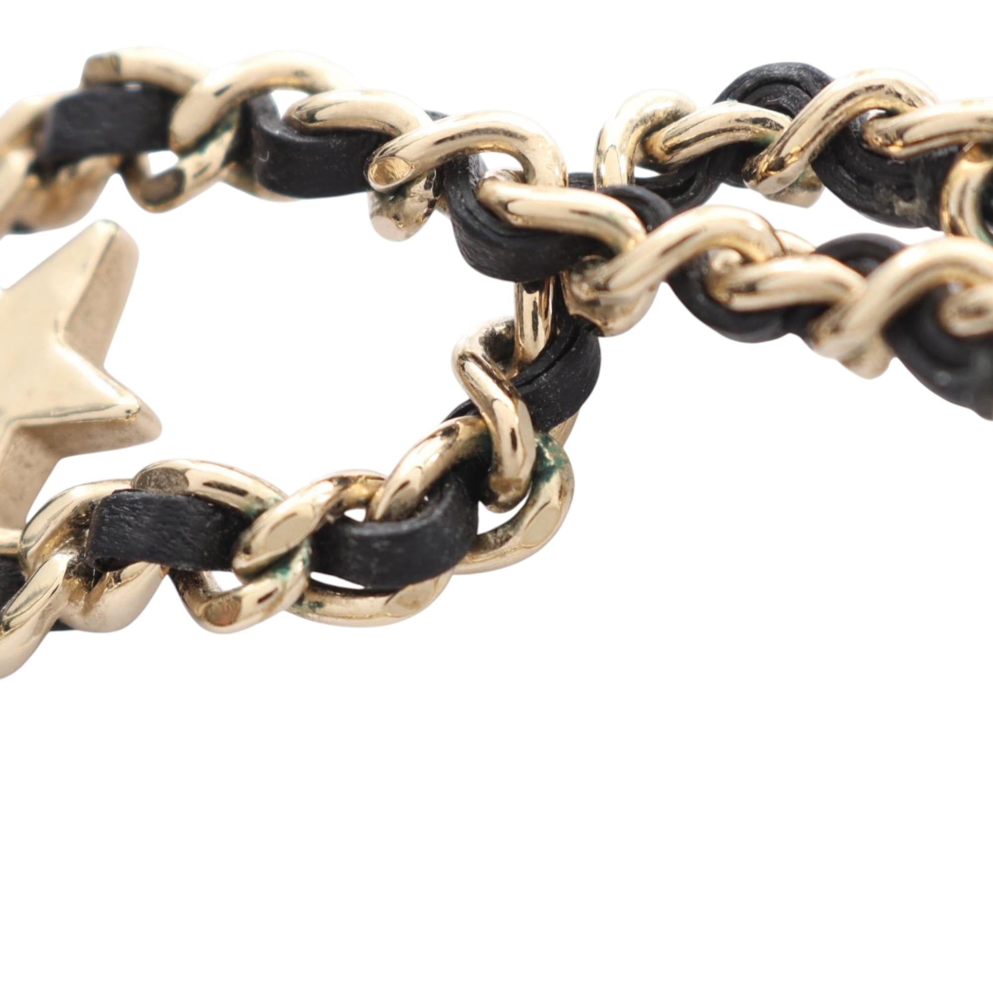 Chanel Gold Plated Leather Woven CC Rhinestone Star Choker Necklace