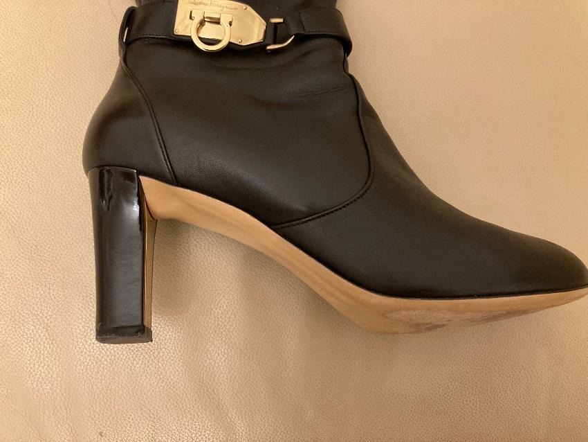 Ferragamo Black Leather Gancini Buckle Knee Boots