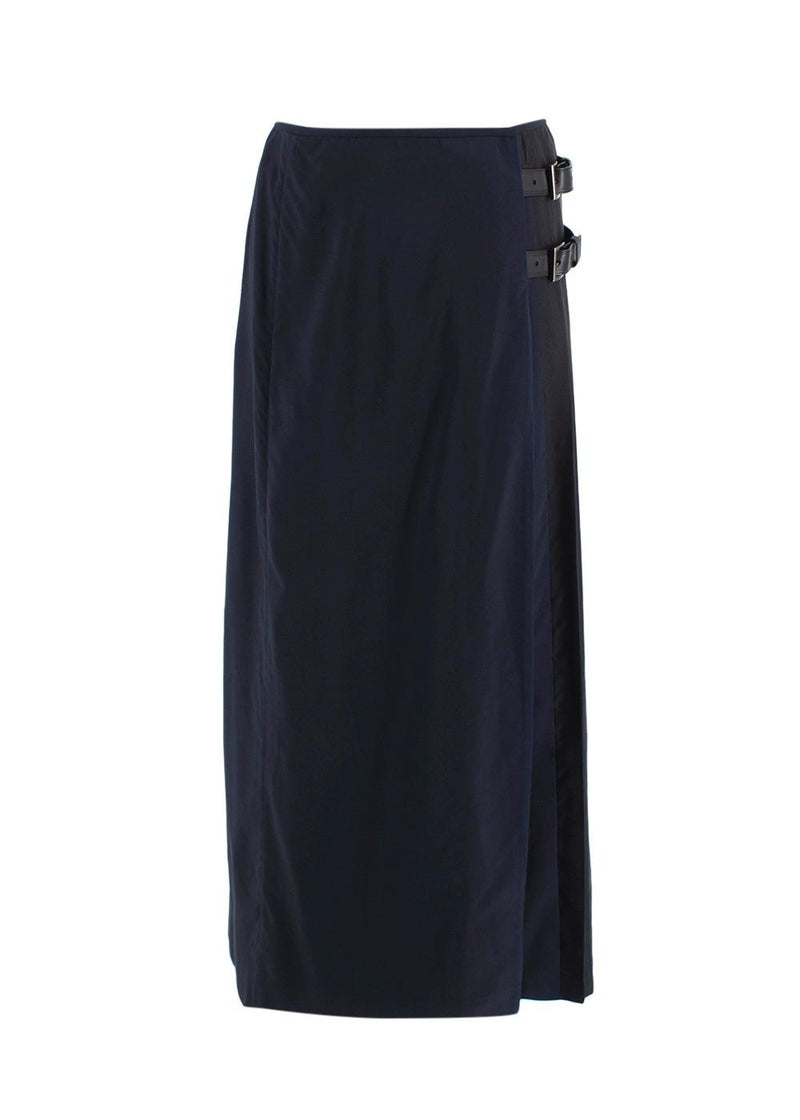 Prada Navy and Black Pleated Midi Skirt with Buckle Detail