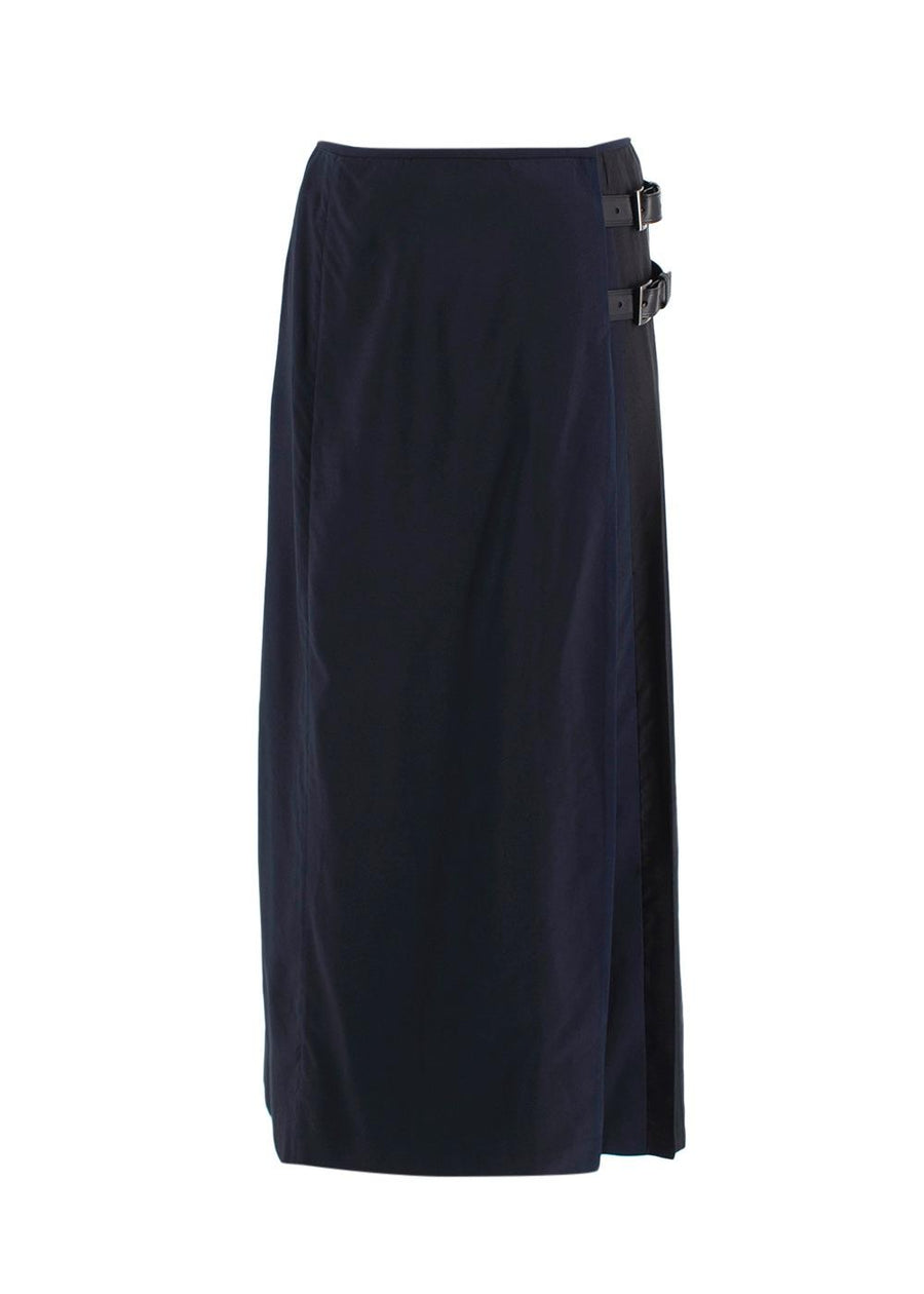 Prada Navy and Black Pleated Midi Skirt with Buckle Detail