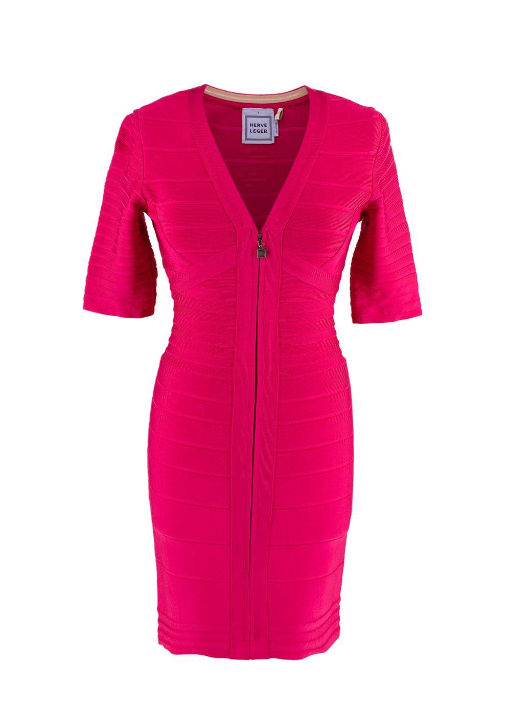 Pink Stretch Bandage V-Neck Zipped Dress
