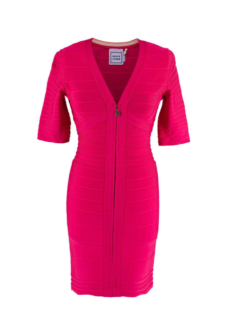 Pink Stretch Bandage V-Neck Zipped Dress