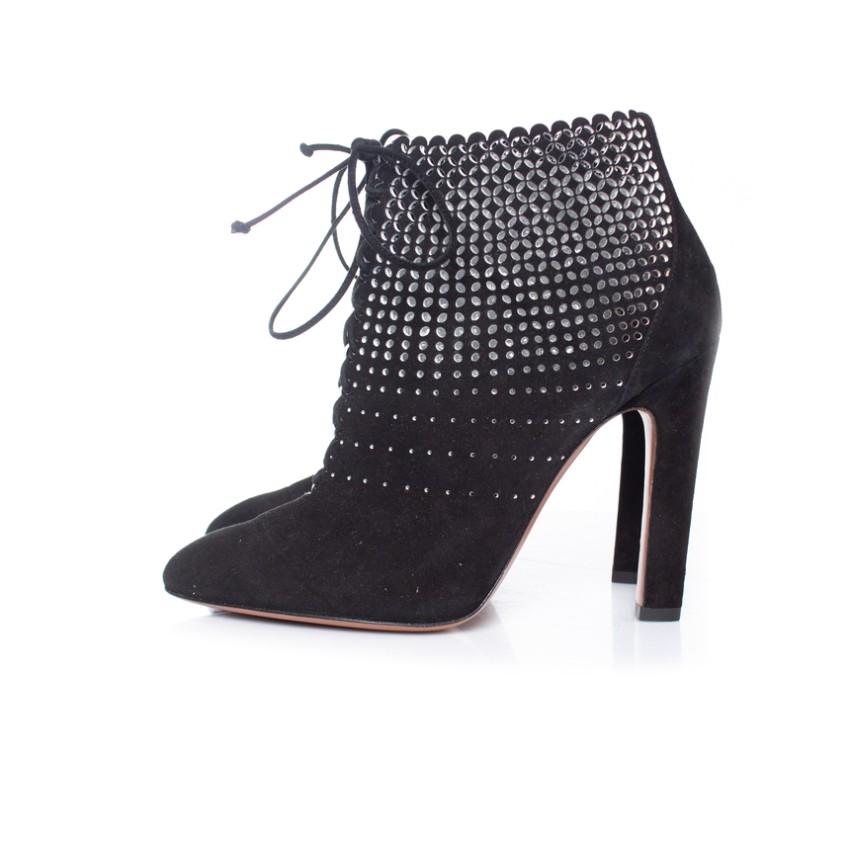 Alaia Black Suede Lasercut Lace-Up Ankle Boots