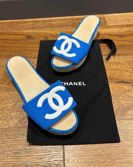 Chanel Blue Fabric CC Slides