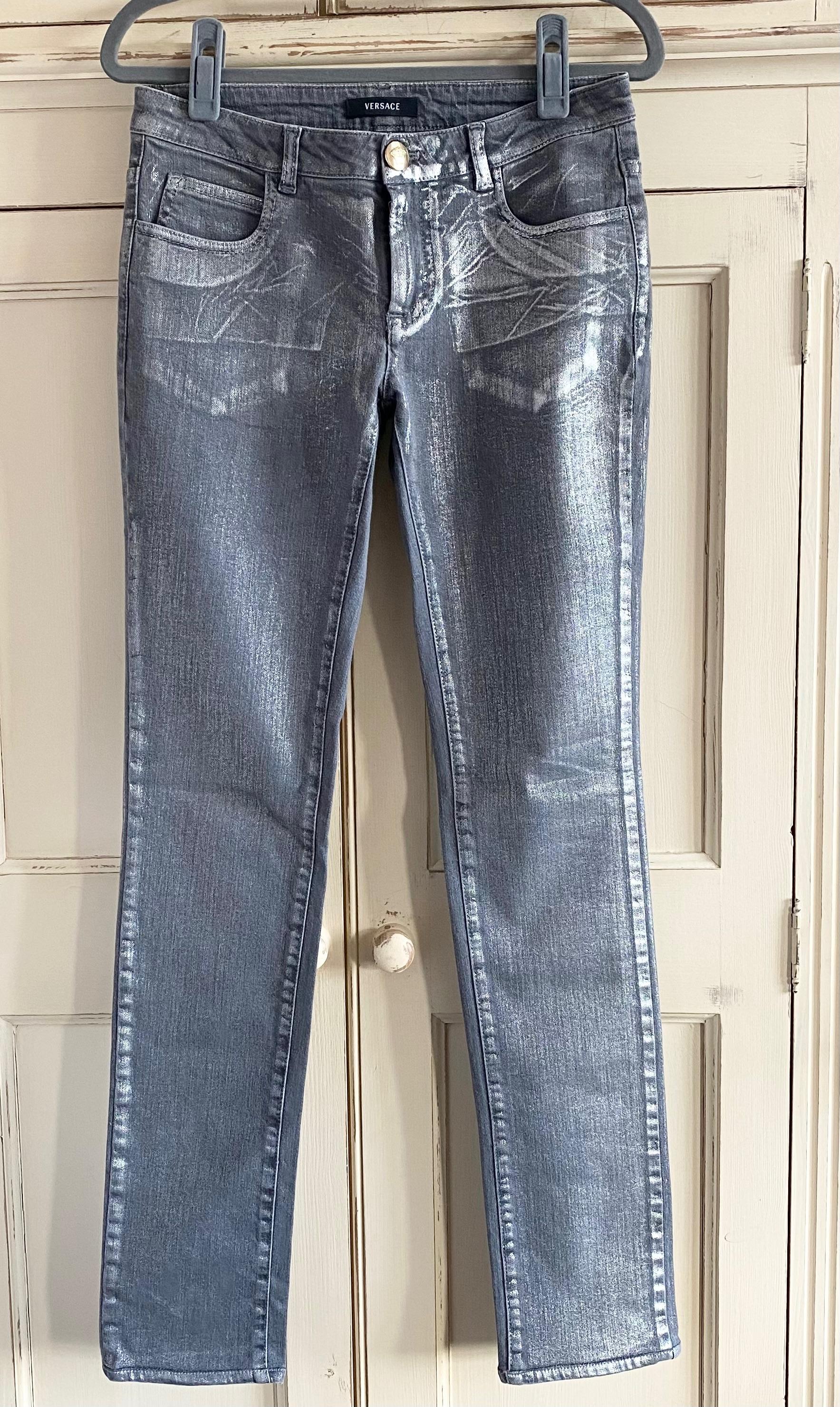 Grey silver coated straight leg jeans