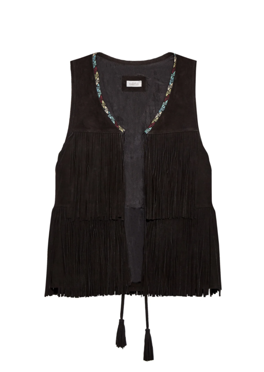 Talitha Black Embroidered Suede Fringed Gilet