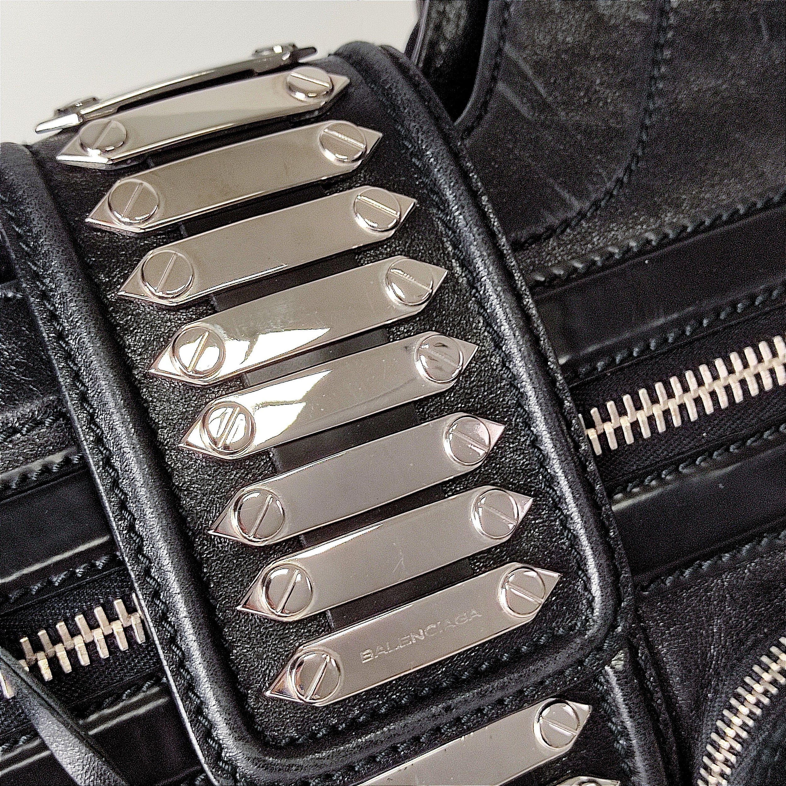 Black leather silver-tone studded tote bag