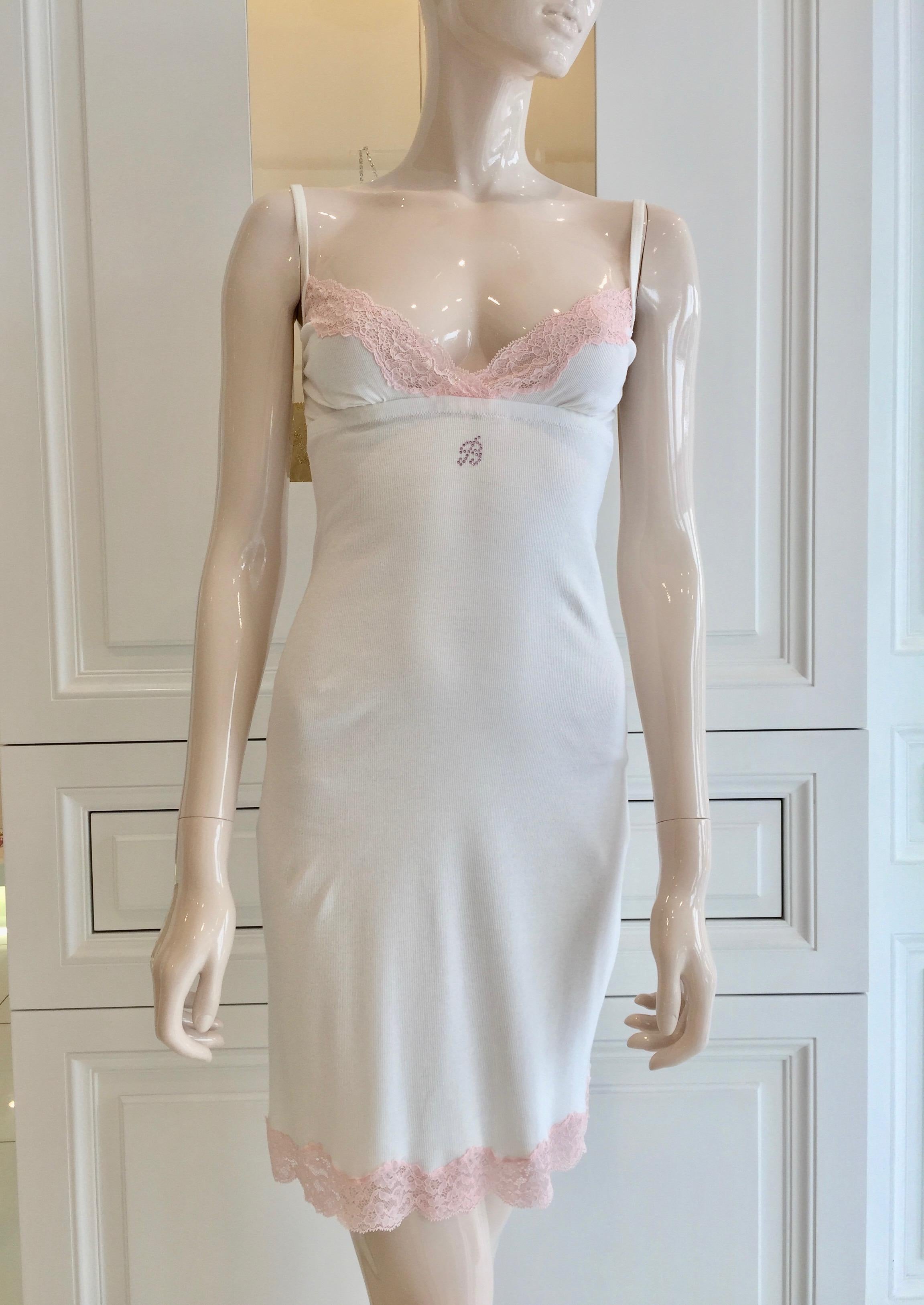 Blumarine White & Pink Leavers Lace Slip Dress