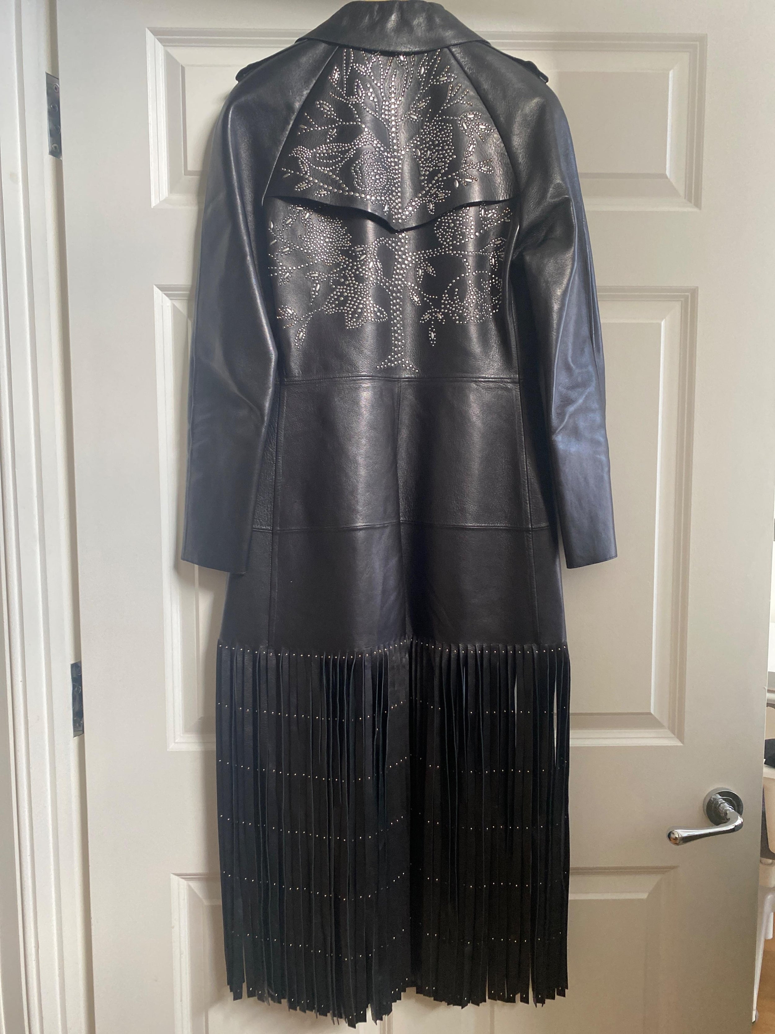 Valentino Black Leather Trench Coat with Fringe Detail