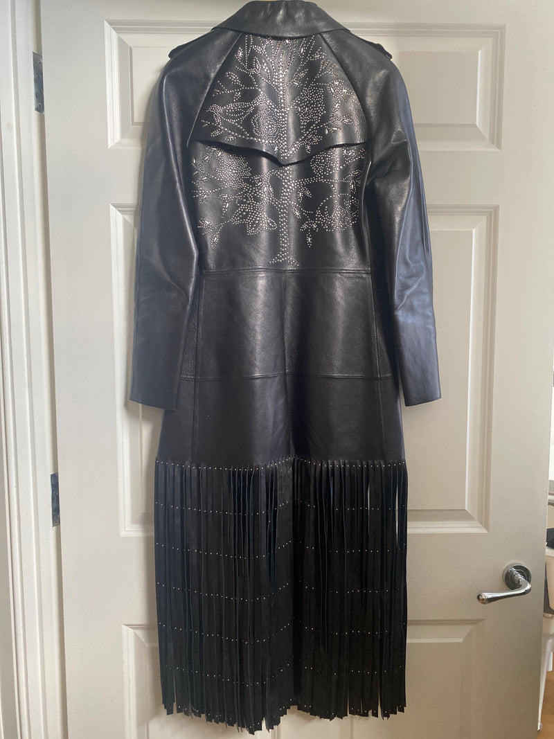 Valentino Black Leather Trench Coat with Fringe Detail