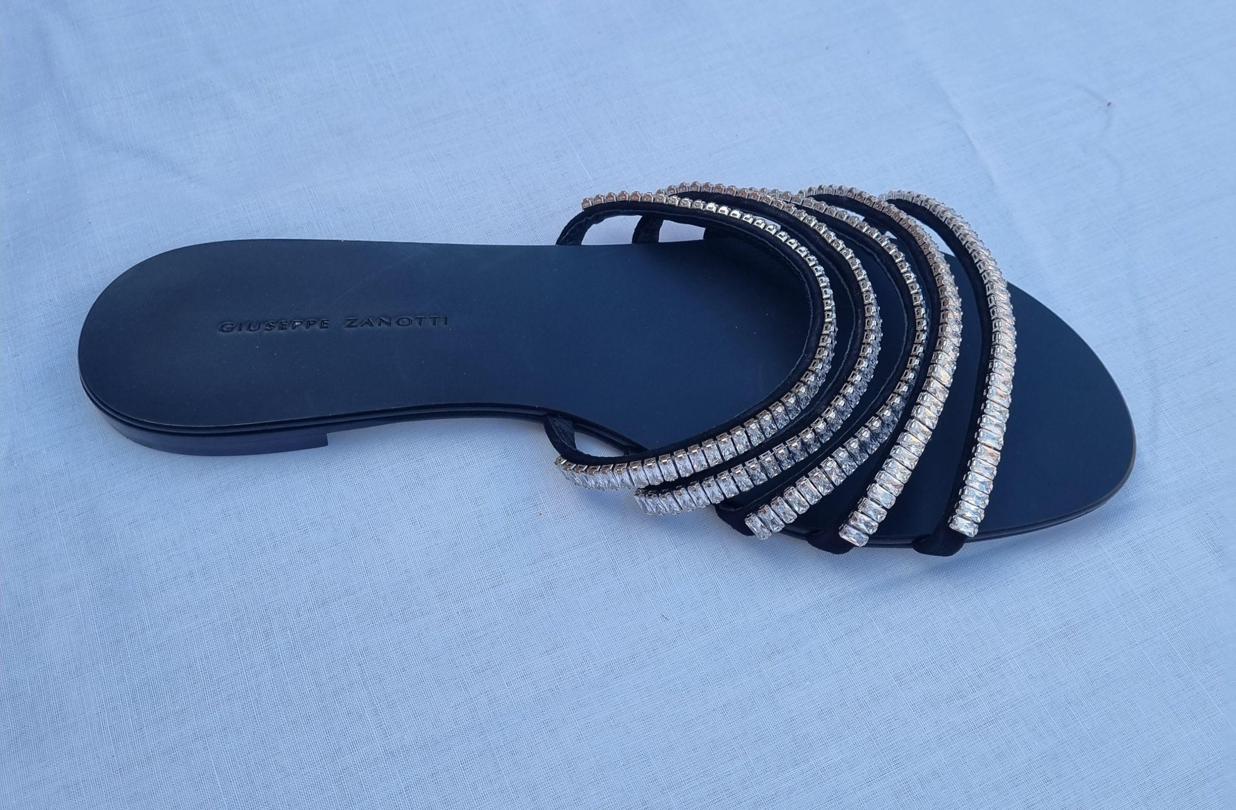 Black Crystal Embellished Flat Sandals