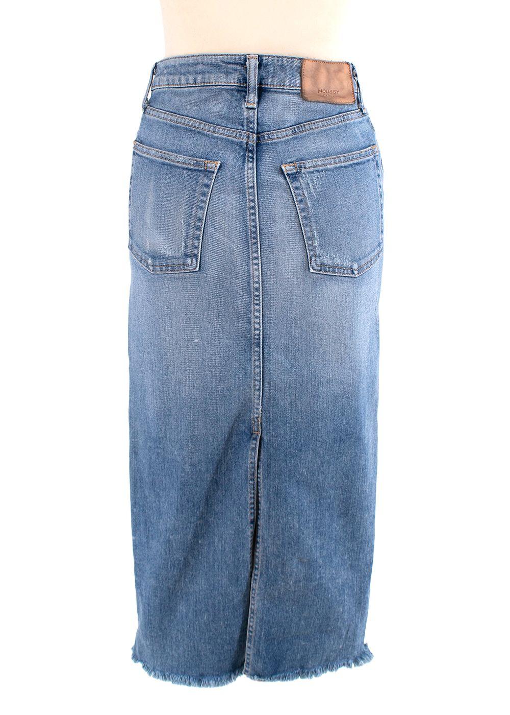 Light Wash Raw Hem Denim Midi Skirt