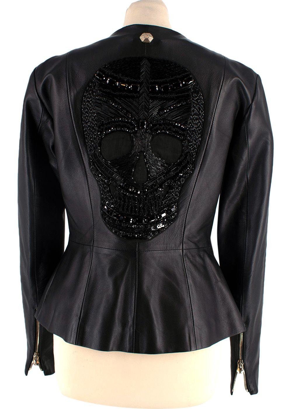 Philipp Plein Fitted Peplum Leather Jacket with Skull Appliqué