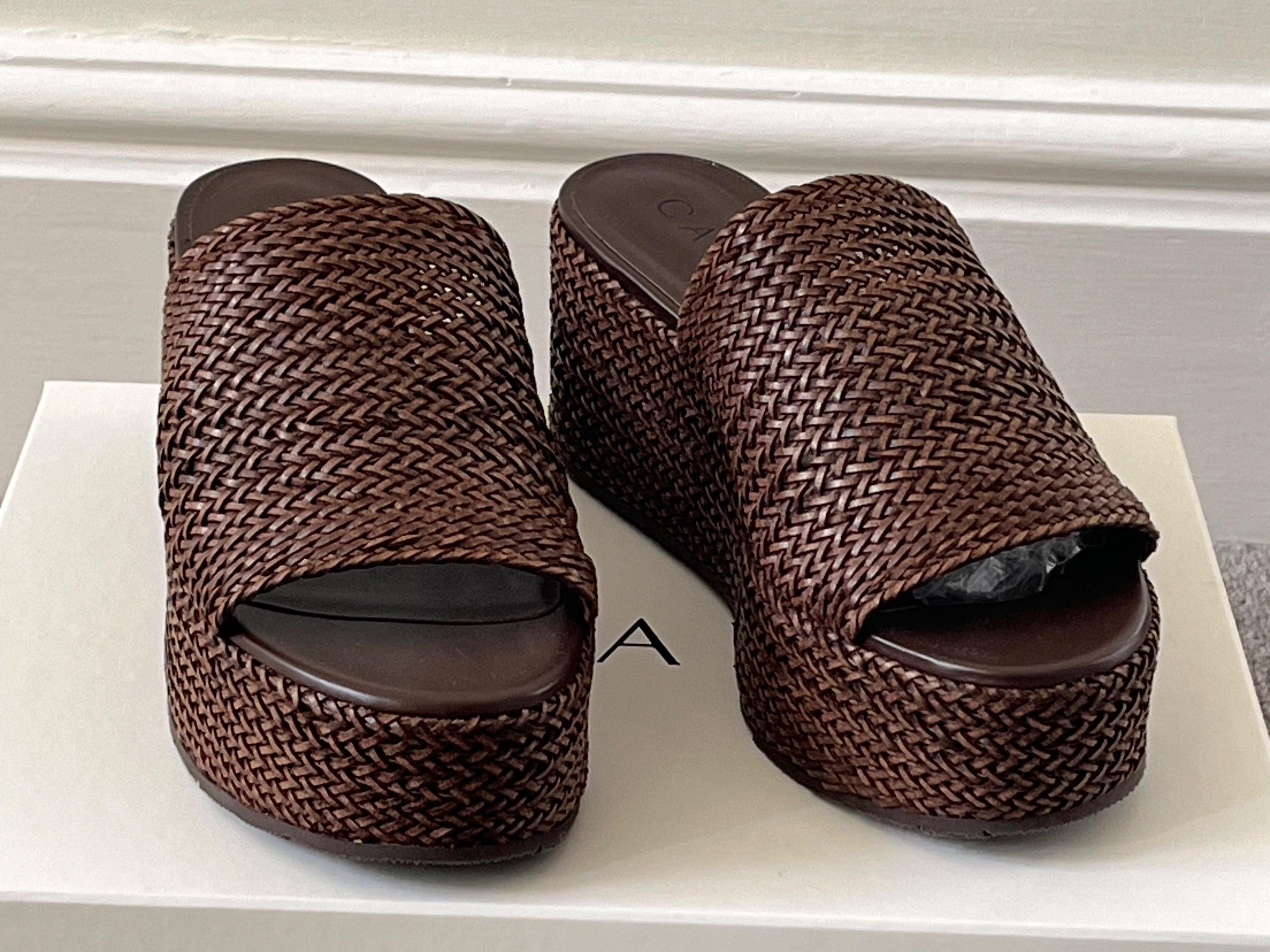 Casadei Brown Woven Leather Platform Slides