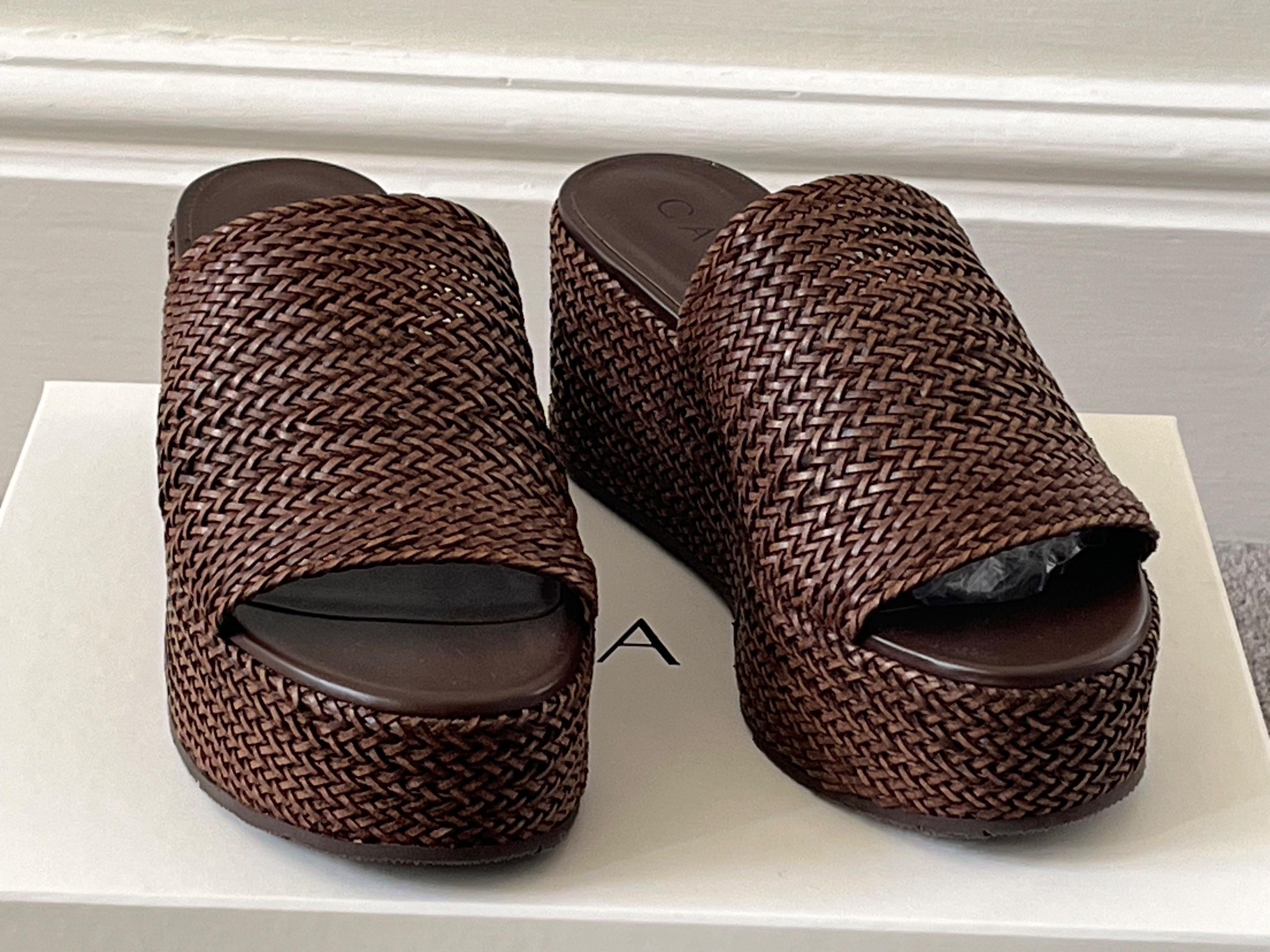 Casadei Brown Woven Leather Platform Slides