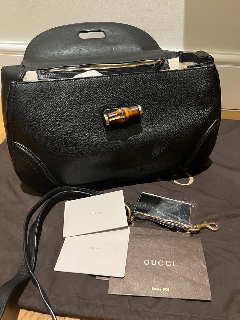 Black Leather Bamboo Top Handle Bag