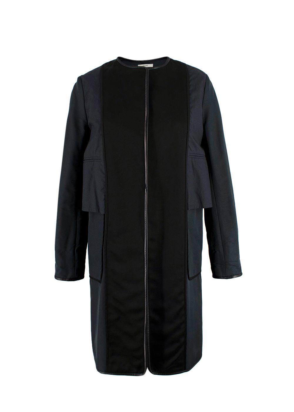Celine Navy and Black Leather Trim Longline Jacket
