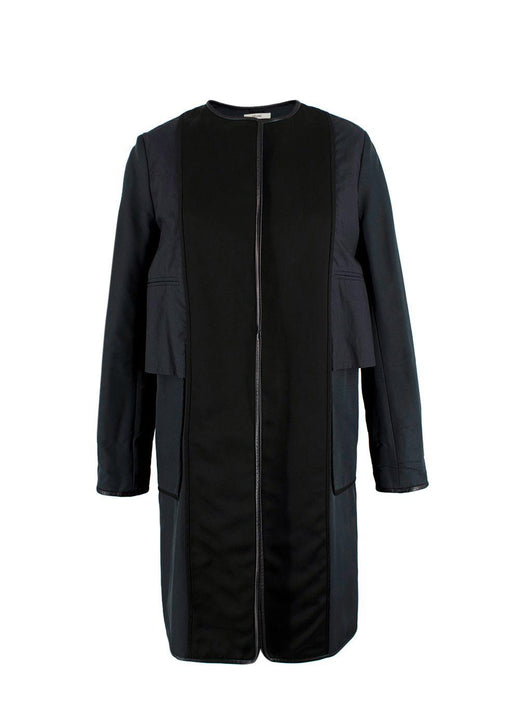 Celine Navy and Black Leather Trim Longline Jacket
