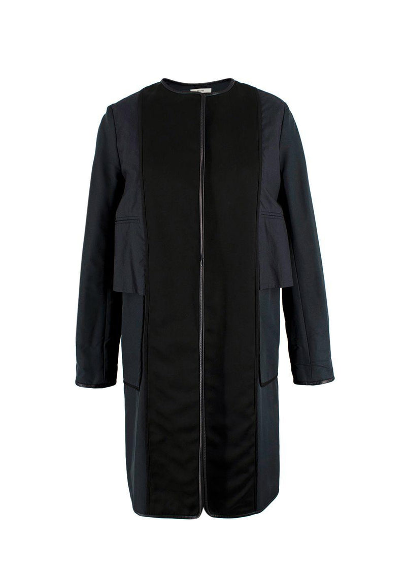 Celine Navy and Black Leather Trim Longline Jacket