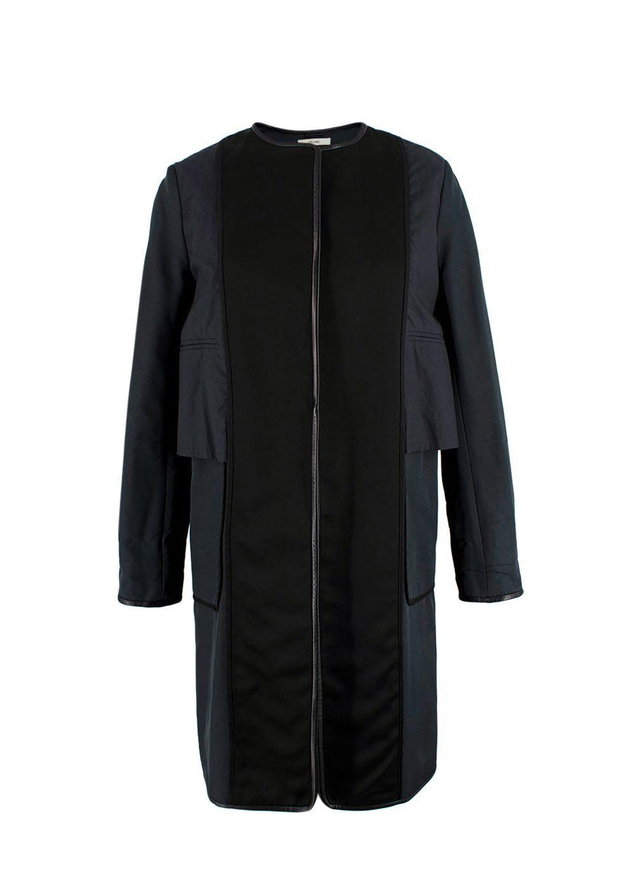 Celine Navy and Black Leather Trim Longline Jacket