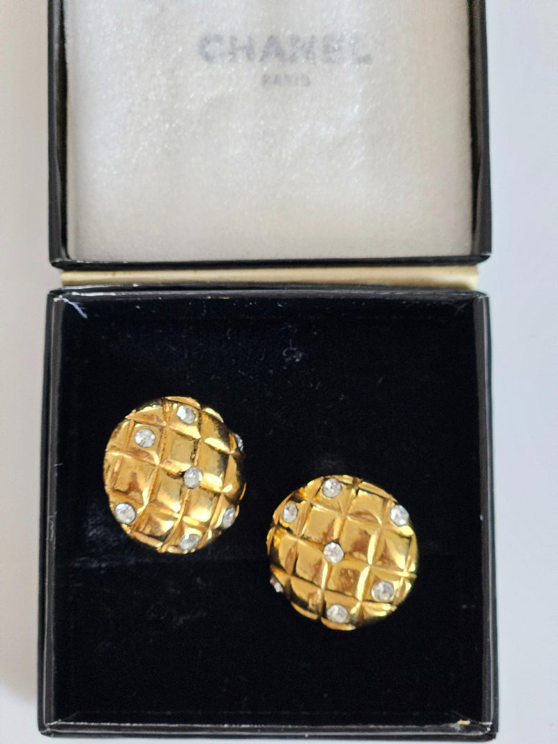 Chanel Vintage Gold Metal and Rhinestone Clip Earrings