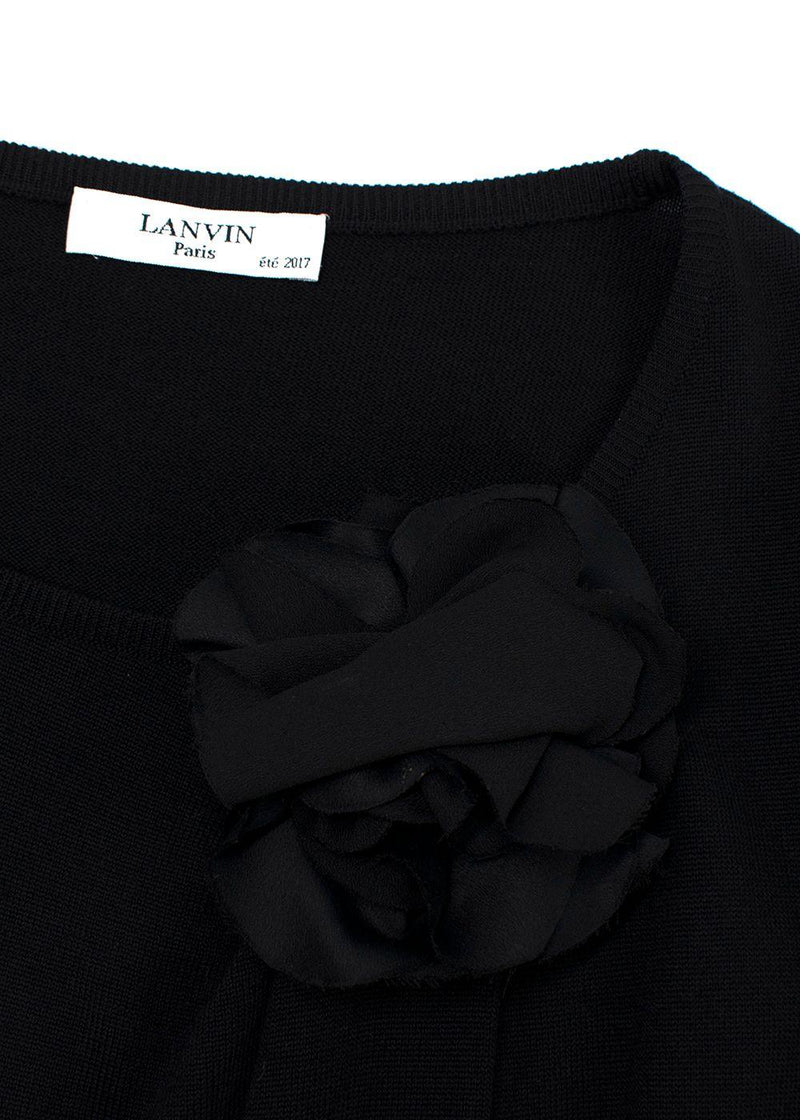 Lanvin Black Wool Knit Midi Dress with Floral Applique Detail