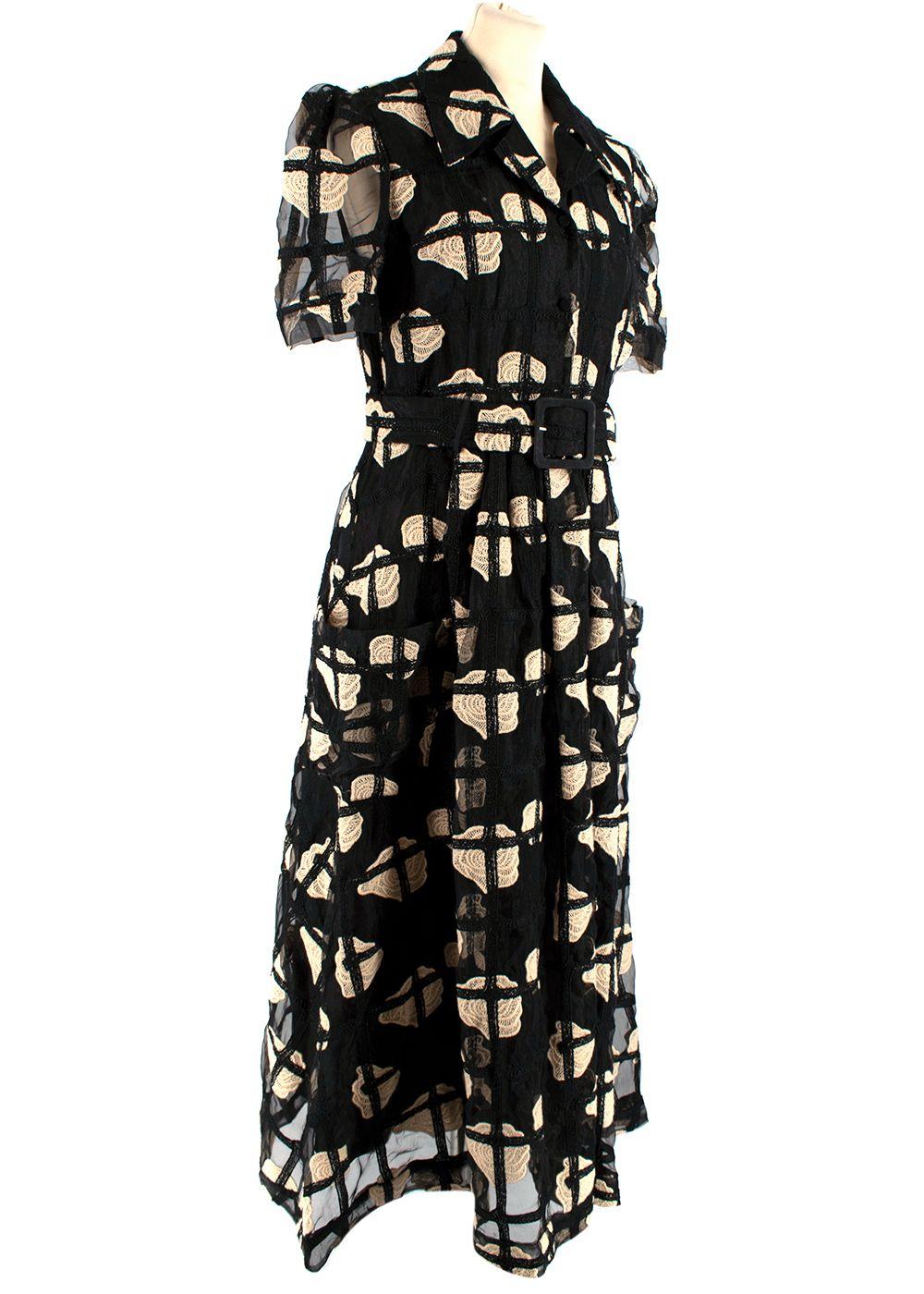 Black & Beige Mesh Macrame Belted Midi Dress