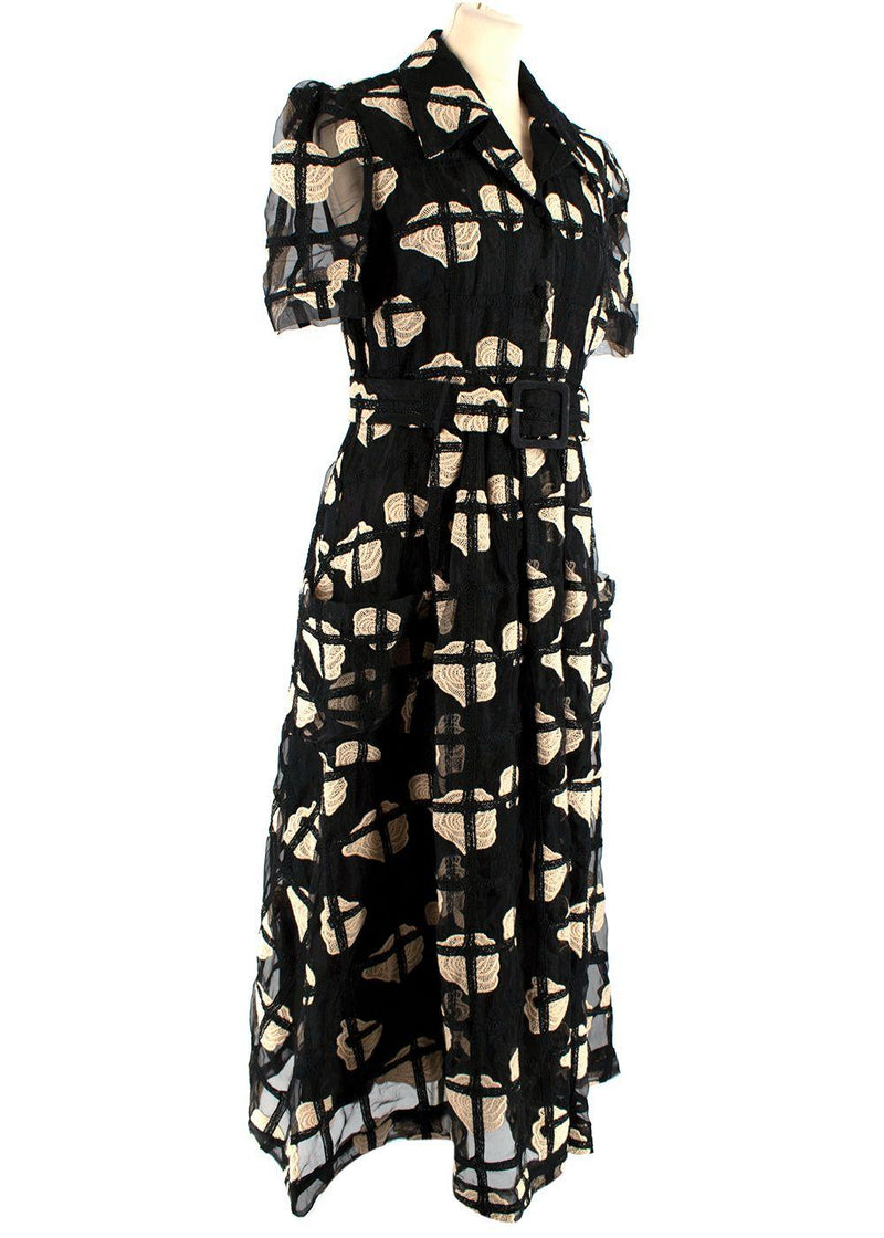 Black & Beige Mesh Macrame Belted Midi Dress