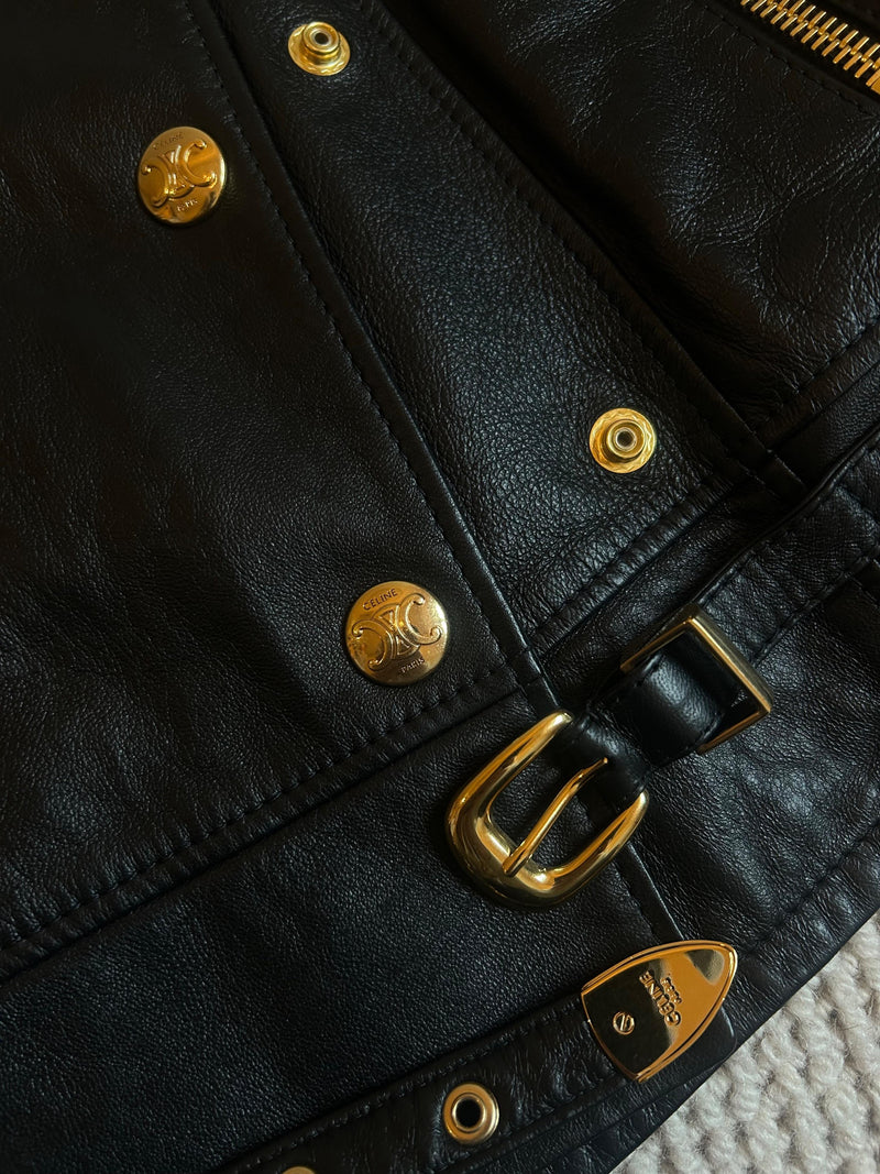 Celine Black Leather Buckle Detail Jacket