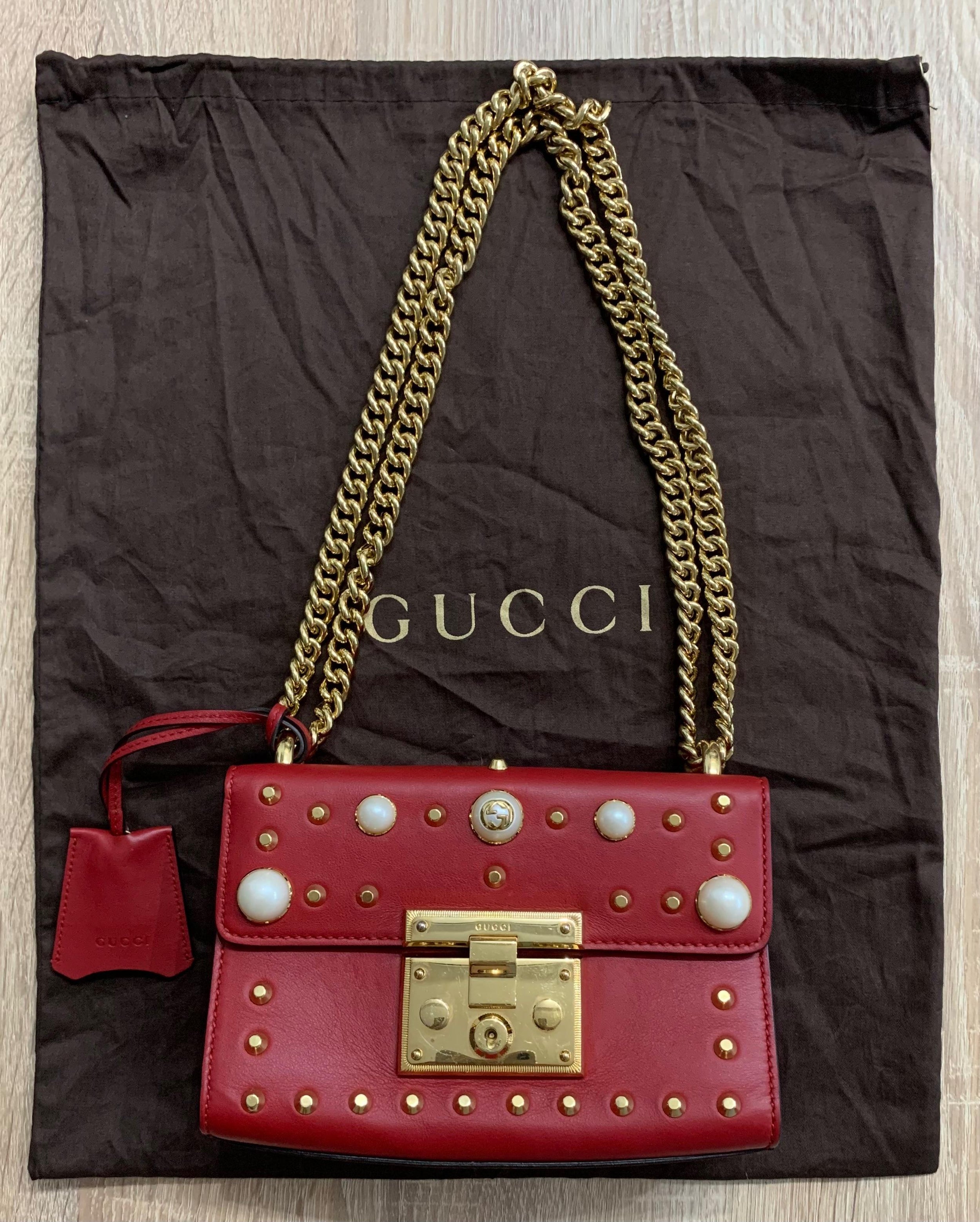 Red Leather Studded Padlock Shoulder Bag