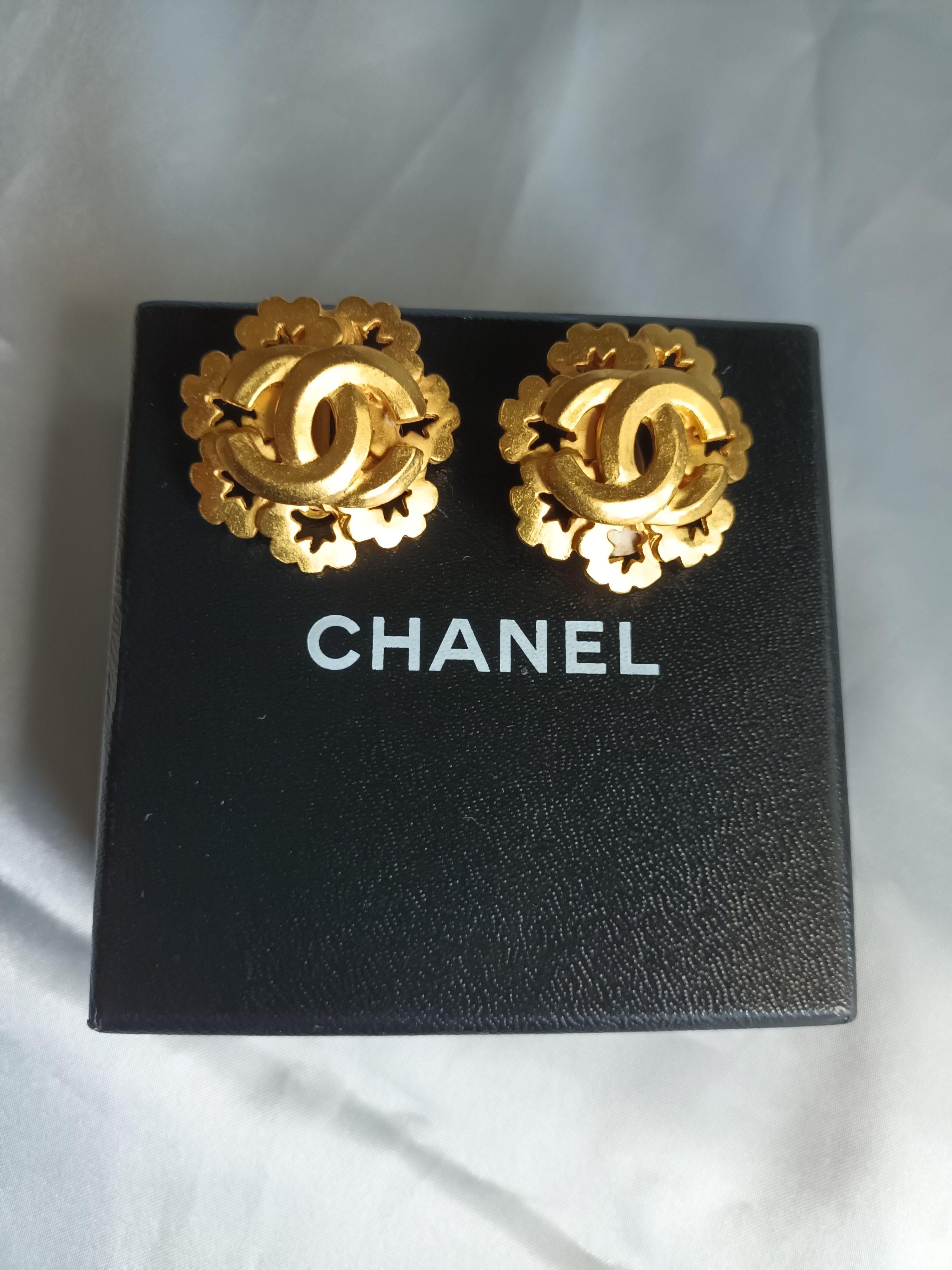 Chanel Gold Plated CC Flower Earrings