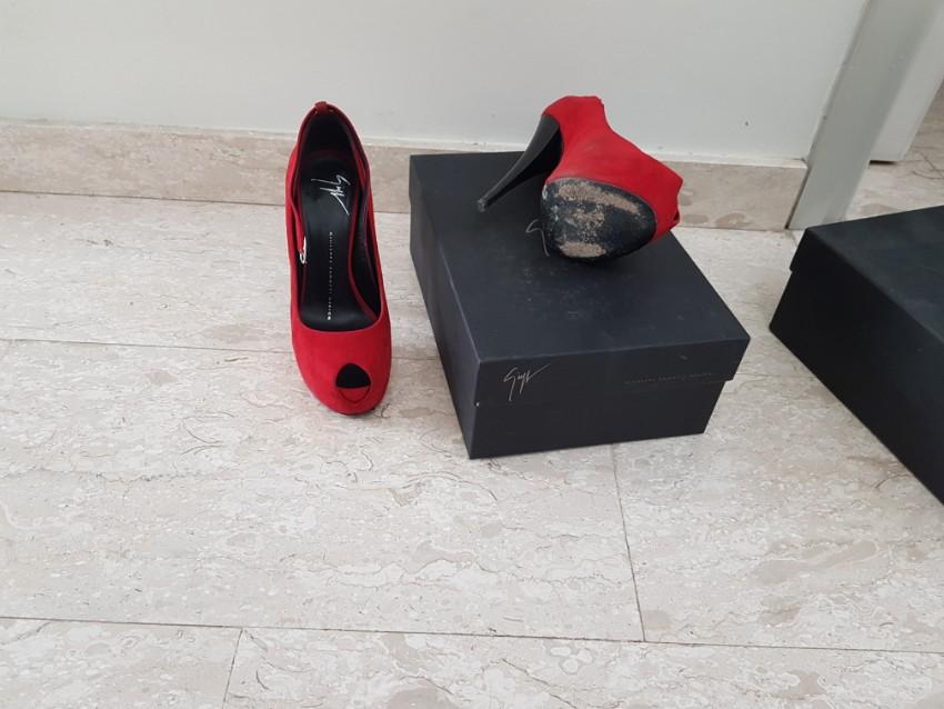 Giuseppe Zanotti red suede open toe ankle strap pumps