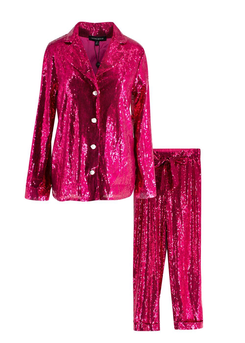 Nadine Merabi Hot Pink Sequin Shirt and Trouser Set