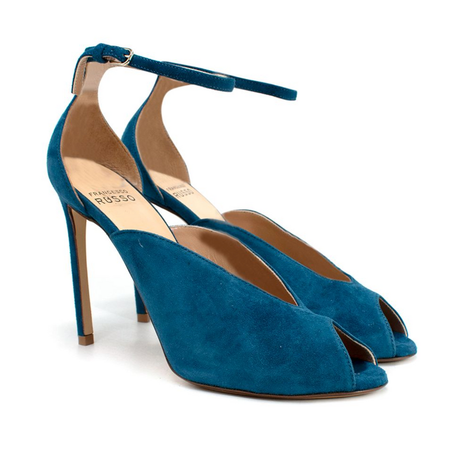 Blue Suede V-Cut Ankle Strap Sandals