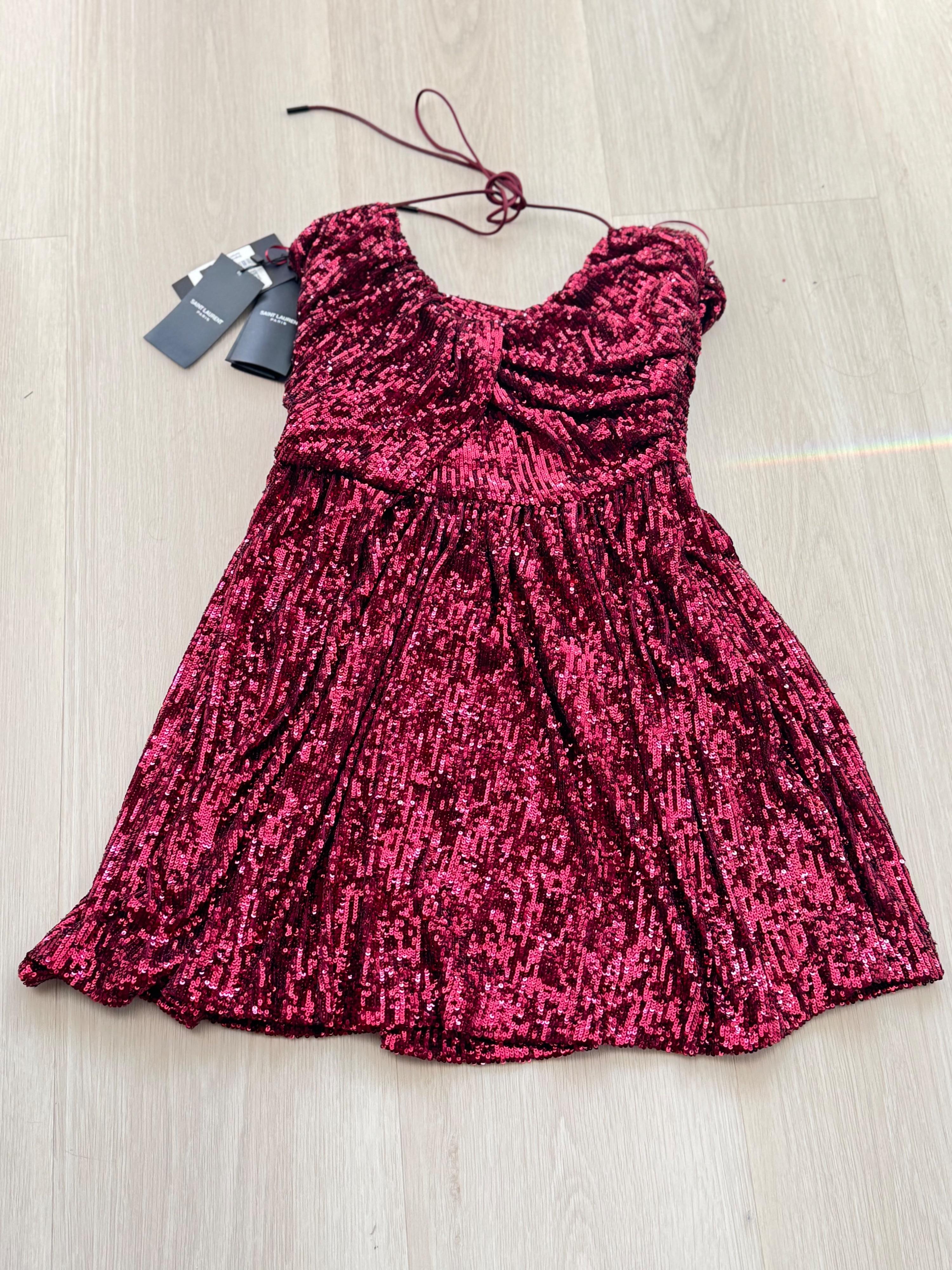 Saint Laurent Burgundy Sequin Halter Neck Mini Dress