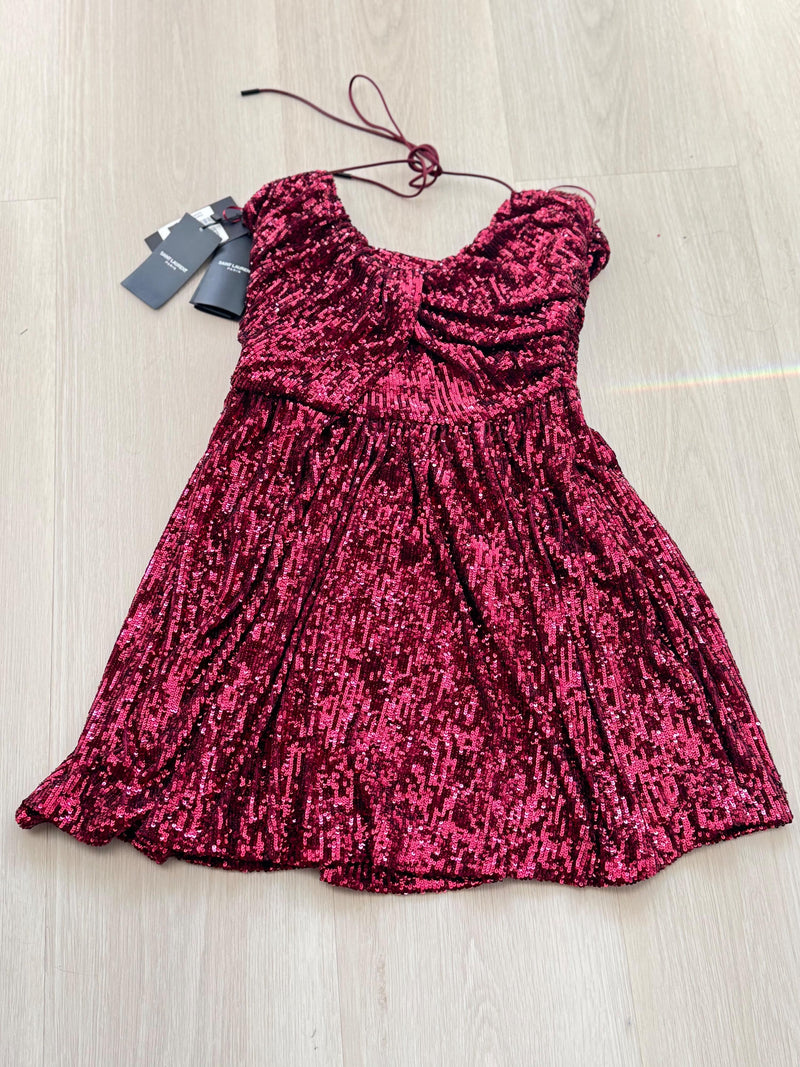 Saint Laurent Burgundy Sequin Halter Neck Mini Dress