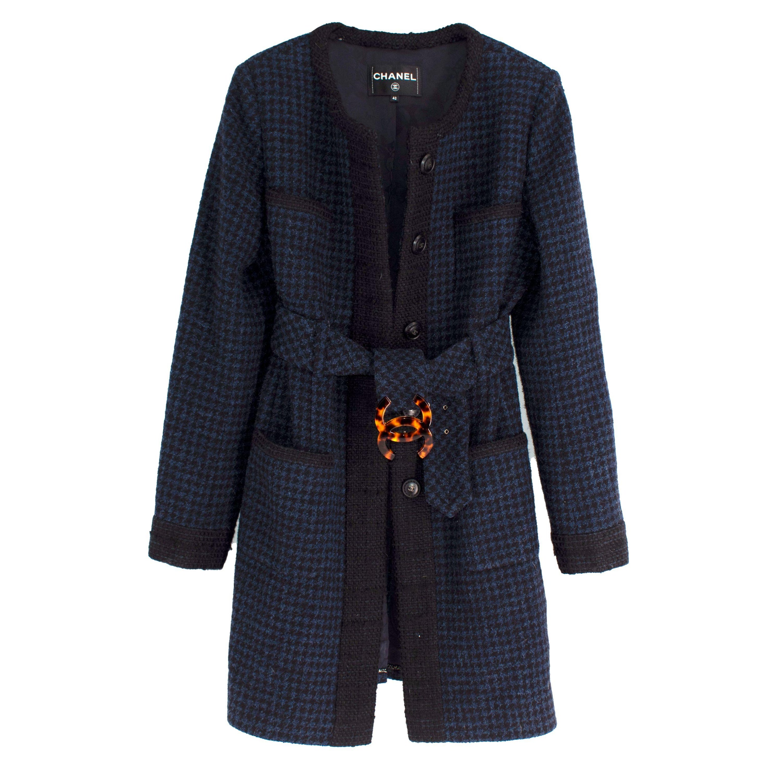 Chanel Navy Houndstooth Belted Wool Jacket