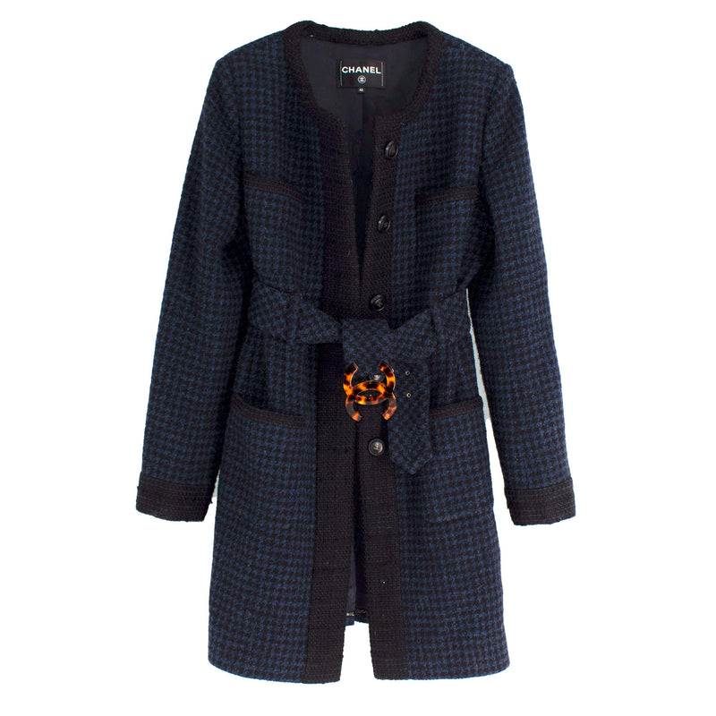 Chanel Navy Houndstooth Belted Wool Jacket