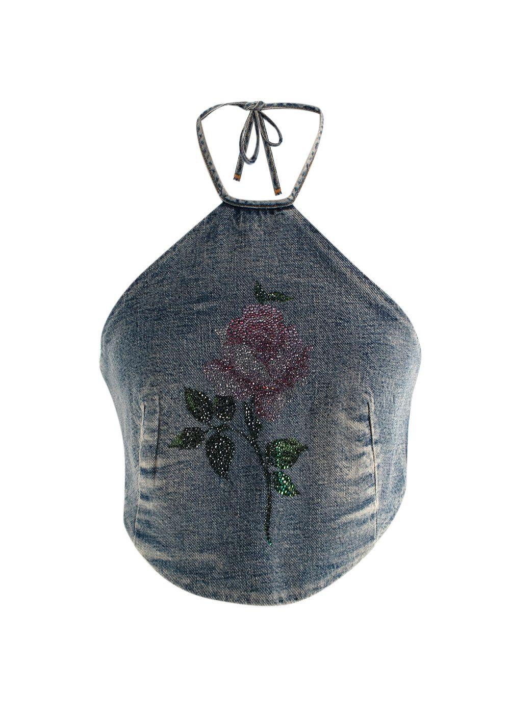 Alessandra Rich Embellished Rose Denim Halterneck Top & Jeans Set