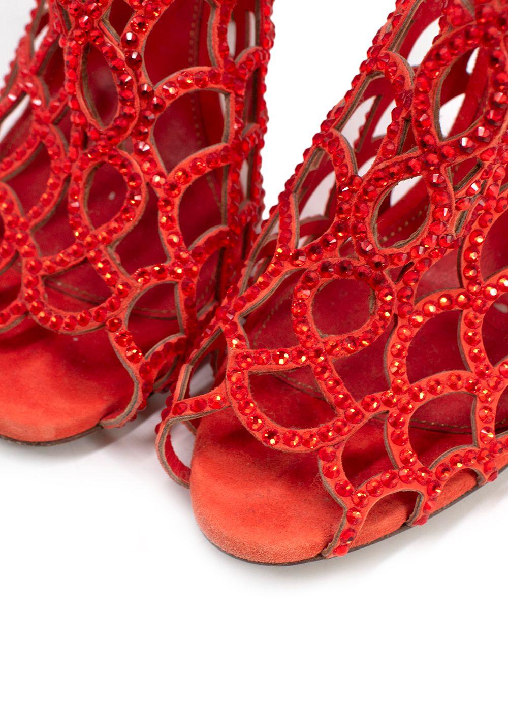 Sergio Rossi Orange Crystal Embellished Caged Heels
