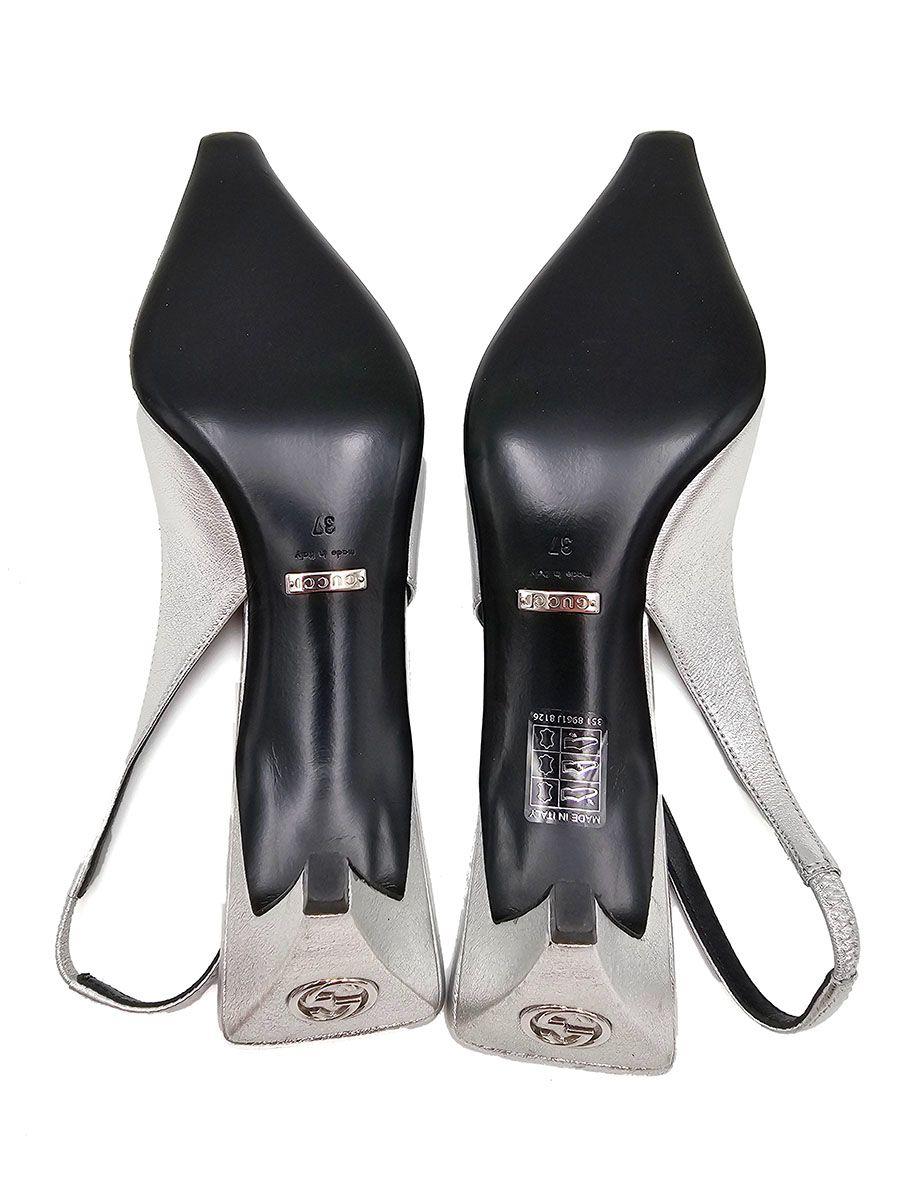 Guci Silver Leather Slingback Sandals