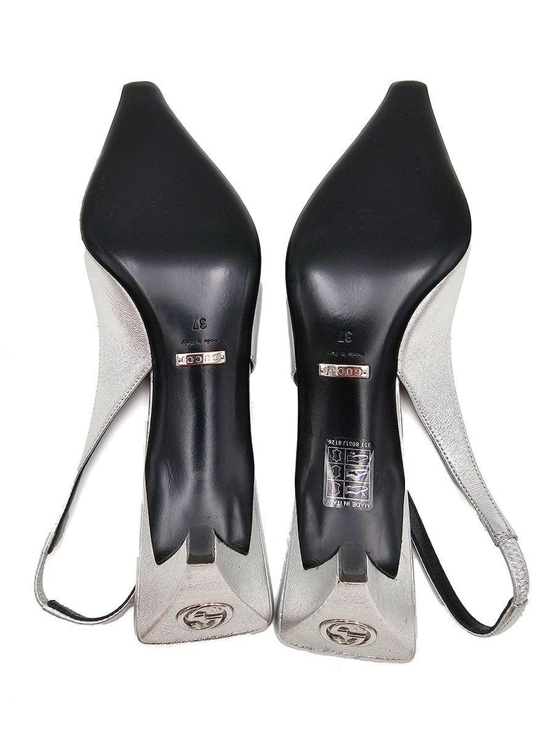 Guci Silver Leather Slingback Sandals