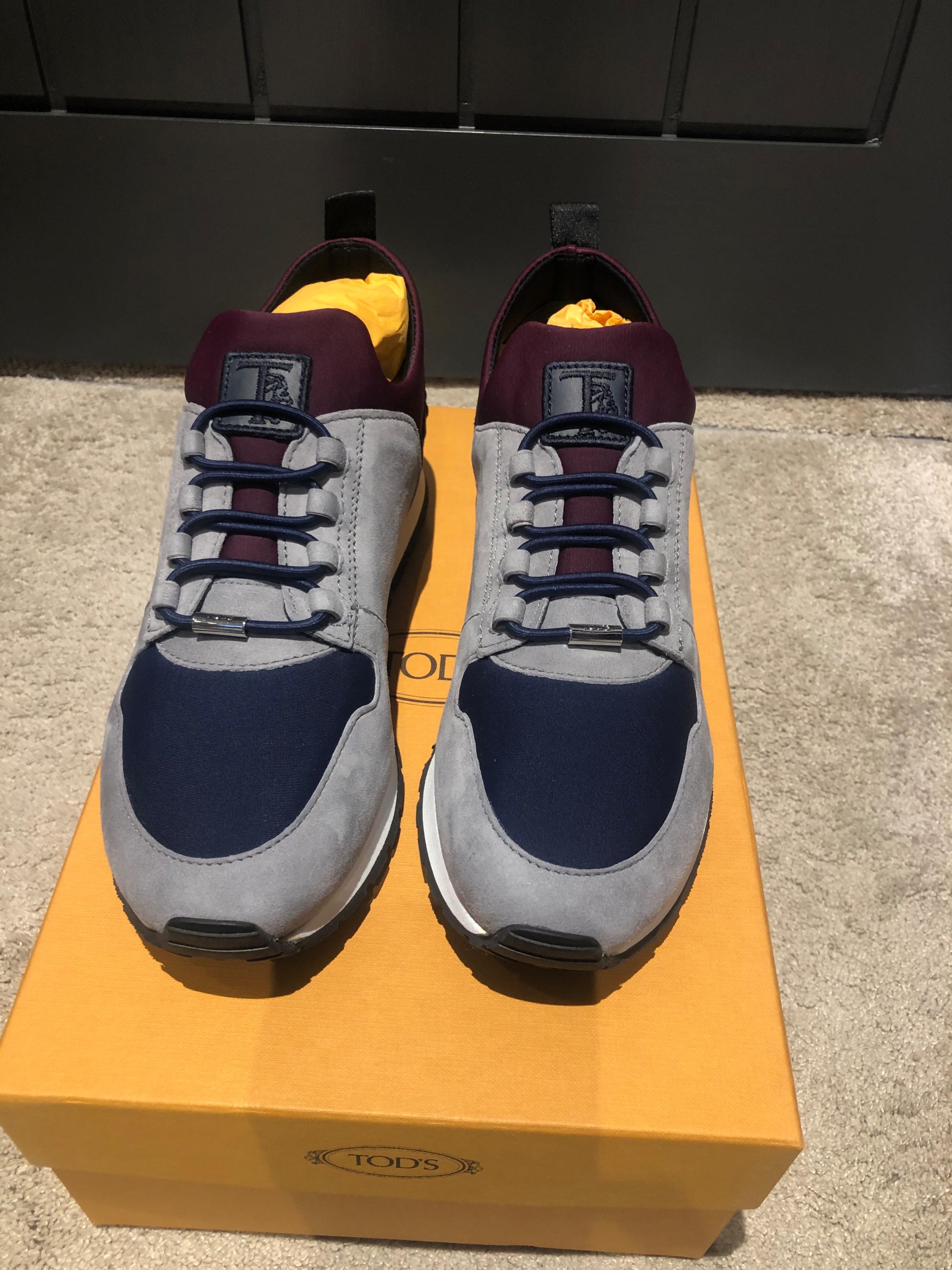 Grey suede & burgundy jersey trainers