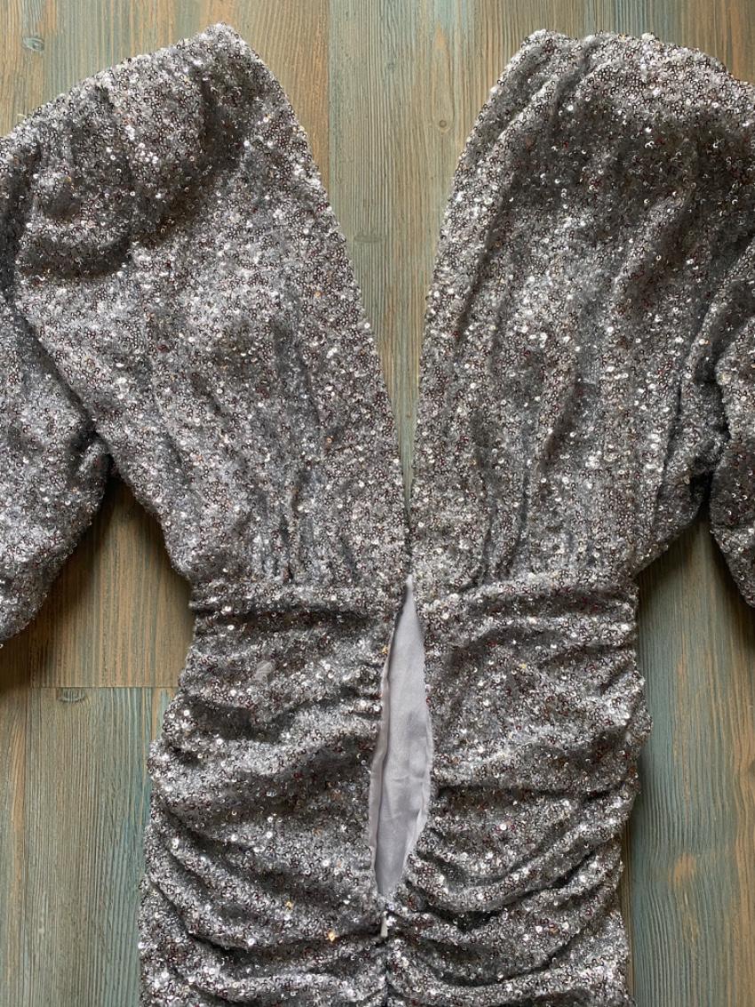 Attico silver sequin embellished rushed mini dress